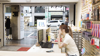 Cute shop worker gets caught masturbating at work    Naughty Huang Ying ends up fucking her co-worke