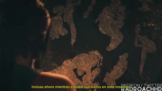 Animación 3D. Lara Croft estudia la cultura de la tribu . subtitulos, Español